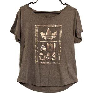 Adidas Womens Gray Short Sleeve Tee With Metallic Silver Logo Decal Casual Loose